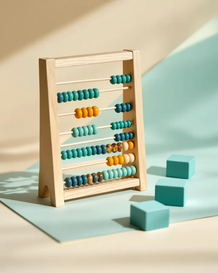 A small wooden abacus with teal and amber beads beside a few teal blocks.