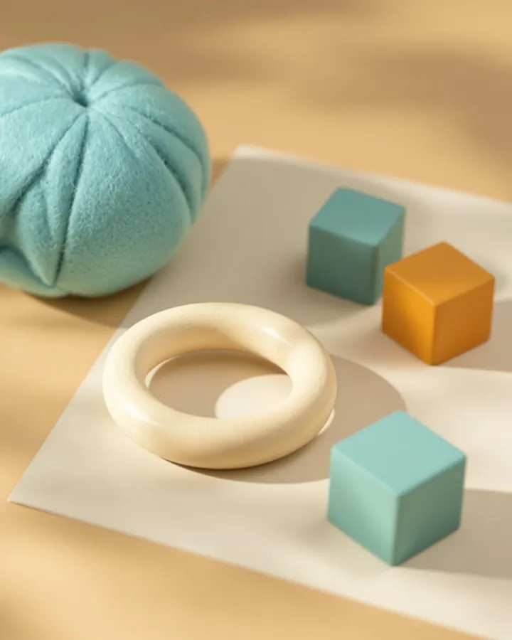 A soft teal felt ball, a wooden ring rattle and painted blocks on sand paper.