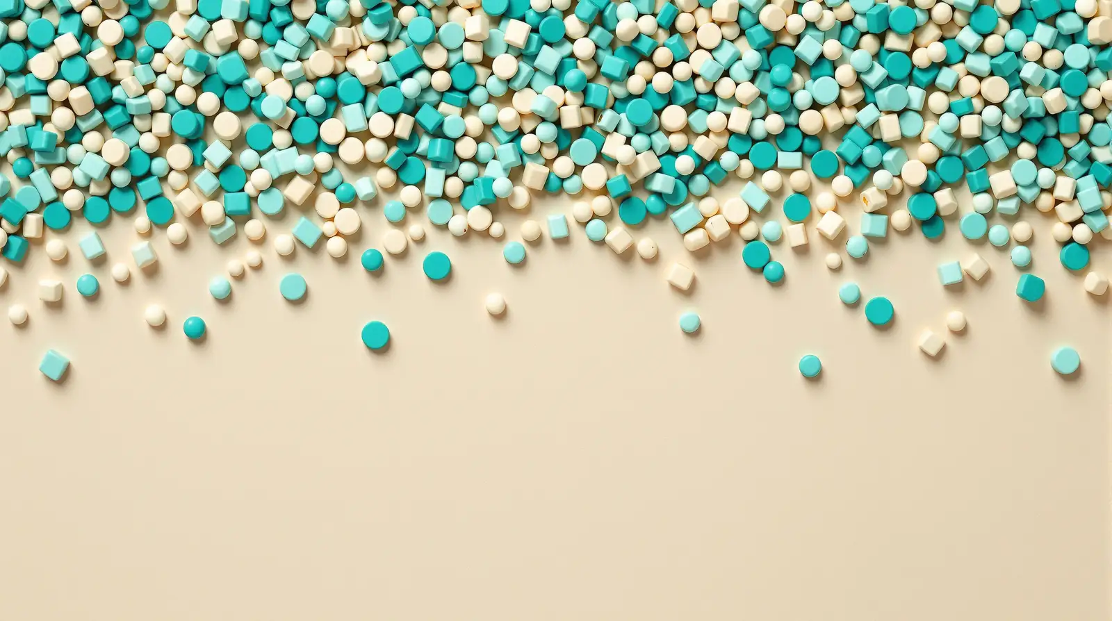 A sand-colored paper tabletop covered with small teal wooden blocks and beads, seen from above.