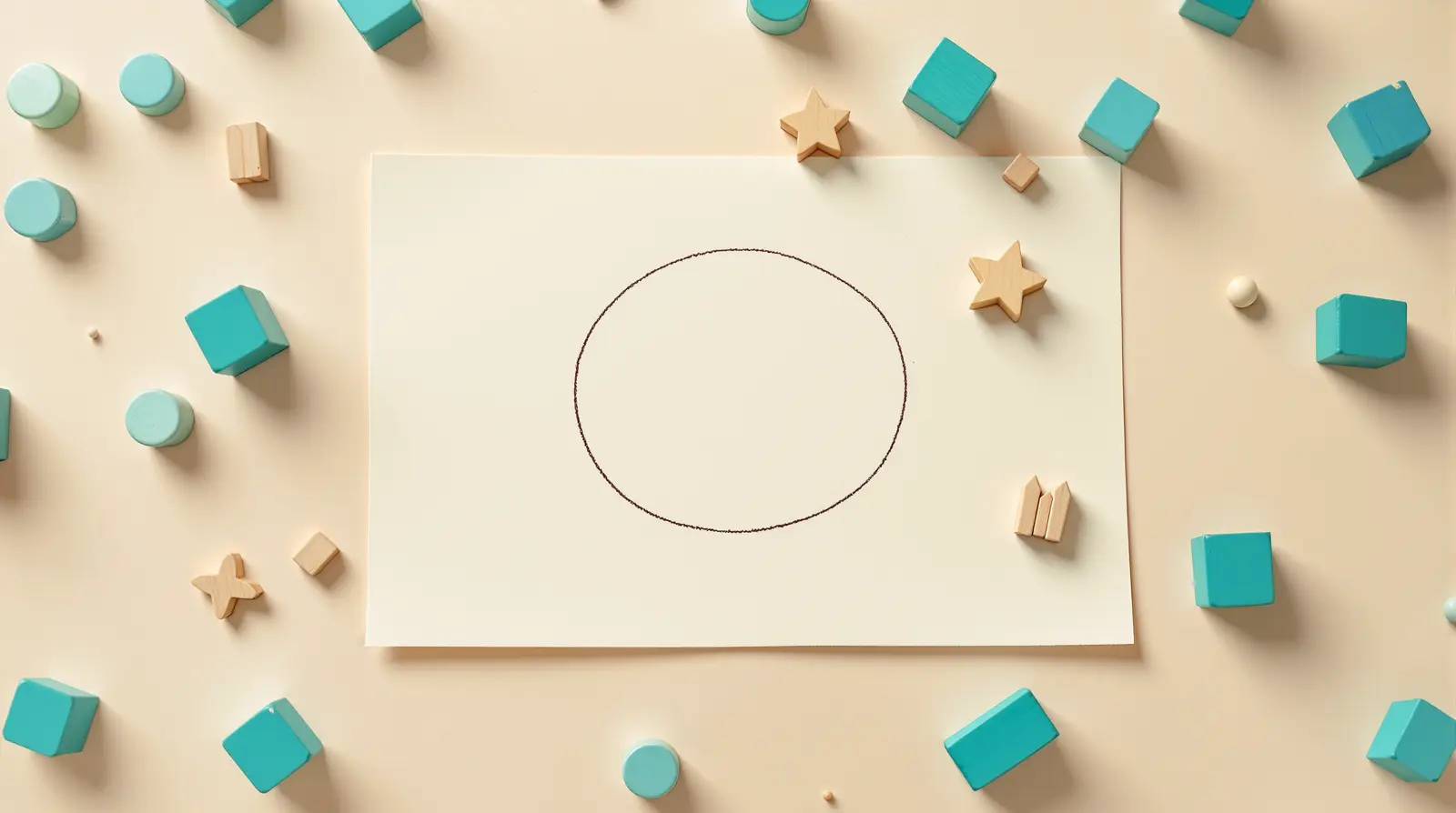 A cream sheet of paper on the table with a pencil circle and three small wooden tokens: a book, a star and a fence piece.