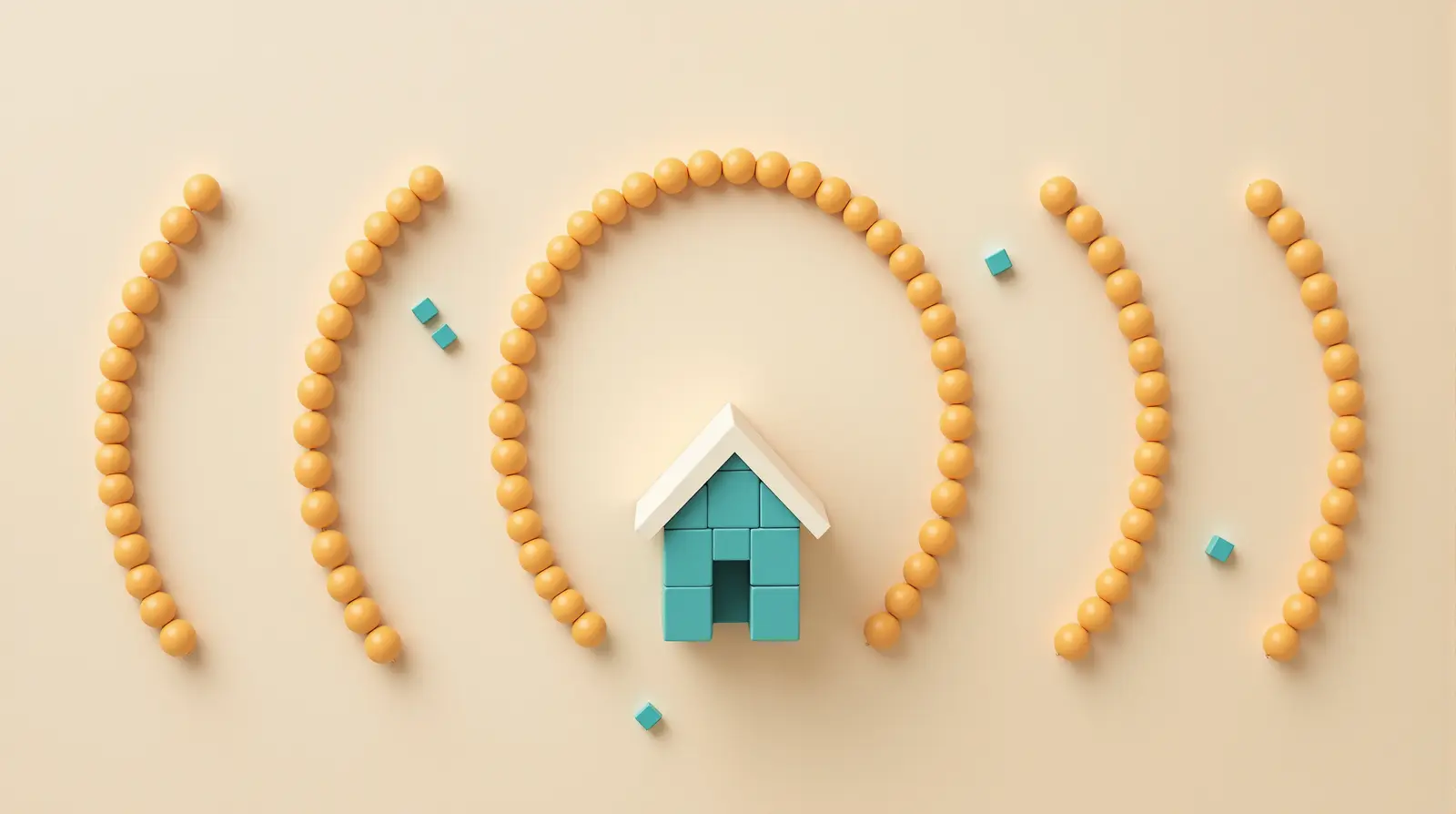 The ring breaks into five short arcs of beads with wide gaps. Loose teal pieces drift in through the gaps, and a marble rolls straight through, unanswered.